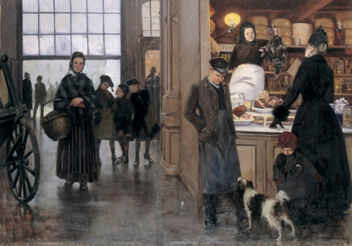 Besök i Hötorgshallen 1889 (Målning; Lotten Rönnquist, SSM)